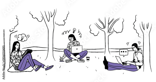 Creative weekend. Young people in city park engage in creativity, write texts. Doodle vector illustration about creative people.