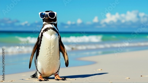 penguin standing sandy beach ocean background penguin wearing pair white sunglasses black frame black beak sky blue white clouds ocean beautiful turquoise color small waves crashing onto shore sand