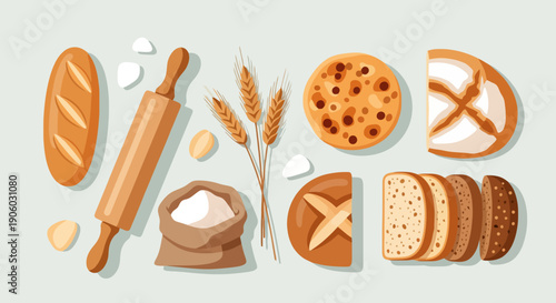 Assortment of bread, baking ingredients, flour, and wheat stalks vector