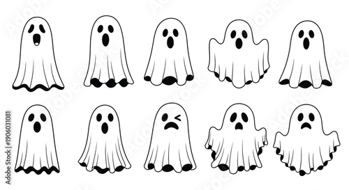 Collection of Cartoon Ghosts with Various Expressions.