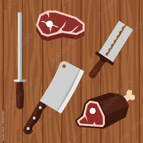 Flat design illustration of butchery tools and raw meat cuts.