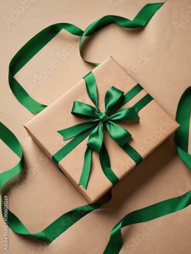 Eco gift box wrapped in kraft paper with green ribbon
