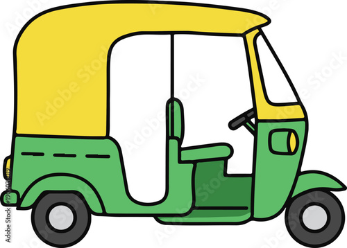 Yellow and green auto rickshaw from a slightly angled side profile, clean flat vector illustration