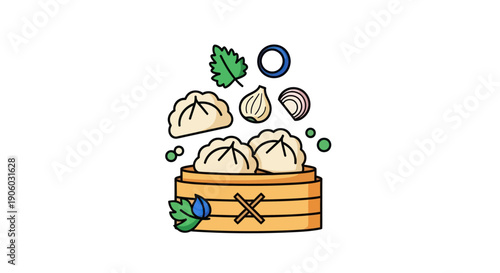 Steamed dumplings and ingredients illustration