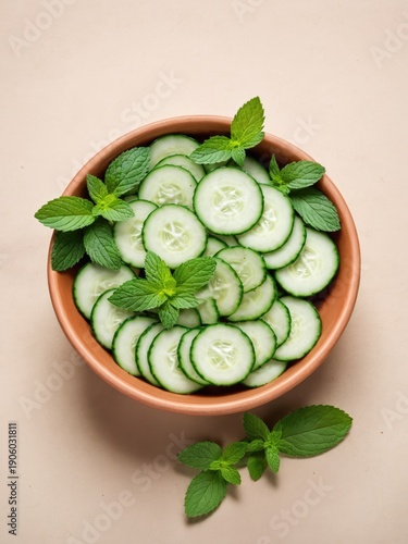 Clay bowl with cucumber slices and mint