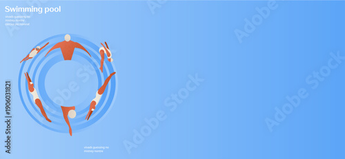 Abstract swimming illustration featuring swimmers arranged in a circular motion, viewed from above. Minimal flat design inspired by pool rhythm, training, and synchronized movement. Suitable for sport