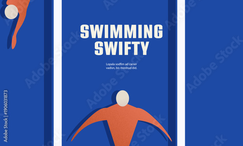 Modern swimming posters with abstract swimmers on bold blue backgrounds. Minimalist flat illustration emphasizing motion, symmetry, and sport aesthetics. Perfect for fitness branding, sport events