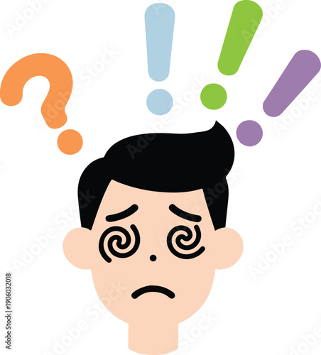 Dizzy and overwhelmed male character face, flat minimalist vector illustration