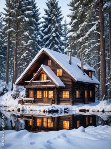 Small cozy cabin with glowing windows in winter forest