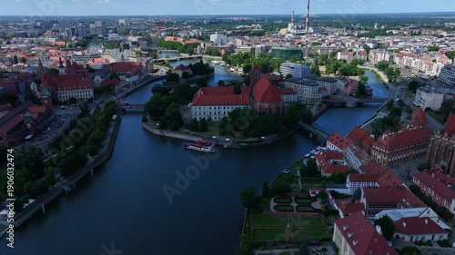 Dramatic Aerial Shadow Sweep of Ostrów Tumski and the Odra River