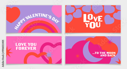Rainbow, love, hearts on an orange background. Valentine's cards with bright symbols. 
