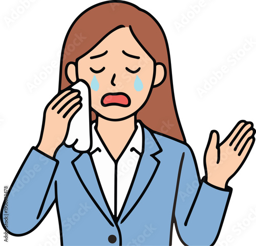 Woman in blue business suit crying, flat cartoon vector illustration