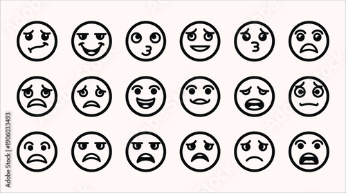 Nuanced Emoticon and Smiley Face Outline Icon Collection Highlighting Neutral, Worried, Sad, and Disappointed Emotional States