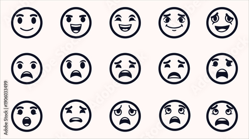 Expressive Emoticon and Smiley Face Outline Icon Set Illustrating Happy, Sad, Worried, and Surprised Emotions for Digital Messaging