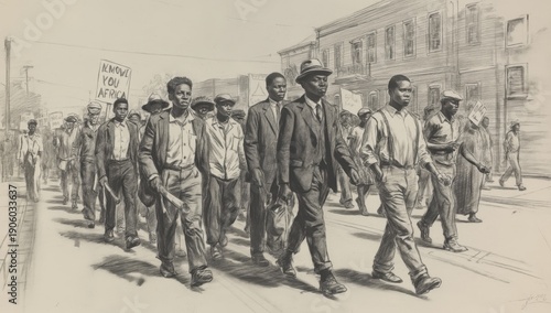 Detailed pencil drawing illustration of a determined group of African American men marching together on a city street during a civil rights demonstration.