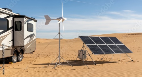 Desert renewable energy: wind turbine and solar panels beside mobile home for sustainable off-grid living