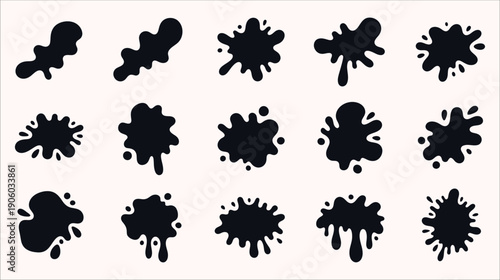 Varied Set of Abstract Black Ink Splatters and Paint Blots, Ideal for Creative Overlays, Graphic Backgrounds, and Edgy Art