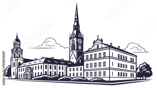 A minimalist black and white illustration of a European town with historic buildings