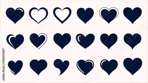 Varied Dark Blue Heart Icons: Mix of Solid and Outlined Vector Love Symbols for UI/UX and General Graphic Design