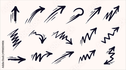 Energetic Set of Hand-Drawn Brush Stroke Arrow Vector Icons in Navy Blue, Conveying Dynamic Movement and Artistic Expression