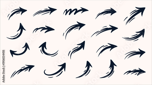 Dynamic Collection of Smooth Brush Stroke and Swish Arrow Vector Icons in Navy Blue, Symbolizing Speed, Fluidity, and Elegant Direction