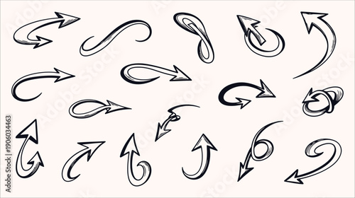 Detailed Collection of Outline Looped, Swirly, and Twisted Arrow Vector Icons in Navy Blue, Ideal for Visualizing Complex Processes and Artistic Concepts