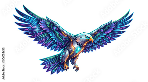 Vibrant cyberpunk eagle soaring with neon circuit wings