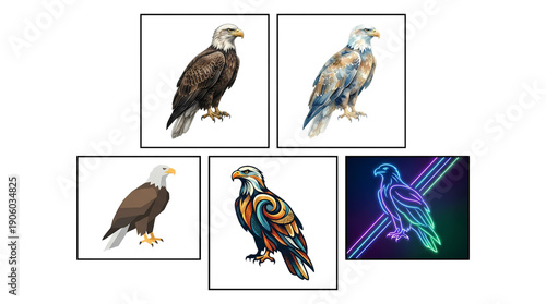 Vibrant eagle illustrations in various modern styles and colors