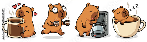 Funny cute capybara character vector illustration set. Happy animal holding big mug, running with energy, sleeping in cup and leaning on coffee machine. Kawaii mascot for morning caffeine concept.
