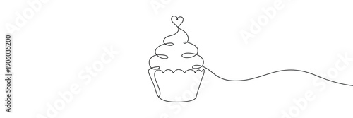 Continuous one line drawing of sweet cupcake with heart on top for celebration dessert food. Single line art. Editable stroke. Doodle hand drawn vector illustration