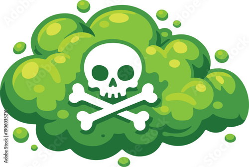 Toxic green smoke cloud with skull and crossbones, ominous flat-style vector illustration