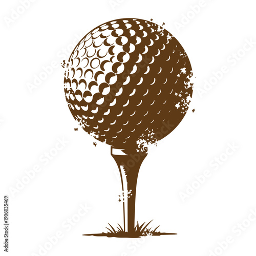 Brown golf ball on tee with grass illustration for golf and sports designs  monochrome art Grunge Vintage Style