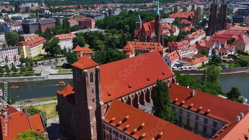 Panoramic Aerial View of Ostrów Tumski Cathedral Island and Riverbank