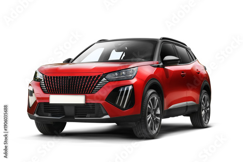 Isolated studio photo of a red modern SUV from a slight front left side angle on a transparent background.