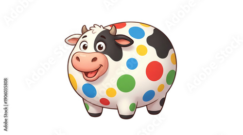Colorful cartoon cow with playful polka dots and friendly smile