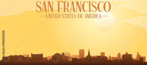 Golden yellow panoramic poster of the city skyline with misty background buildings and clouds of SAN FRANCISCO, UNITED STATES