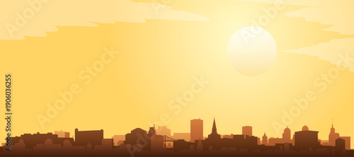 Golden yellow panoramic poster of the city skyline with misty background buildings and clouds of SAN FRANCISCO, UNITED STATES