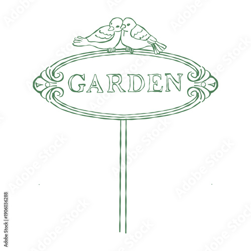Garden sign with the inscription Garden.A pair of birds. A forged park sign. An information board with a sign indicating the entrance to the garden. Vector outline illustration in green.