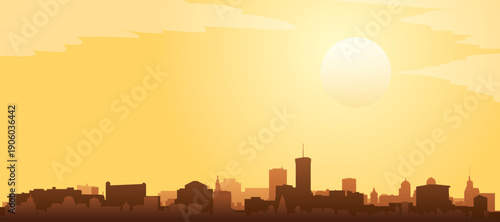 Golden yellow panoramic poster of the city skyline with misty background buildings and clouds of COLUMBUS, UNITED STATES