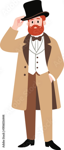 Distinguished red-bearded gentleman in Victorian attire tipping a black top hat, flat minimal vector illustration