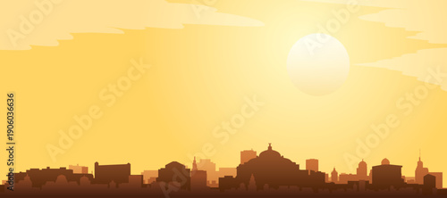 Golden yellow panoramic poster of the city skyline with misty background buildings and clouds of MEXICO CITY, MEXICO