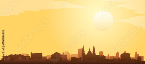 Golden yellow panoramic poster of the city skyline with misty background buildings and clouds of GUADALAJARA, MEXICO