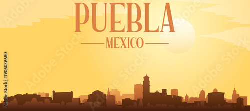 Golden yellow panoramic poster of the city skyline with misty background buildings and clouds of PUEBLA, MEXICO