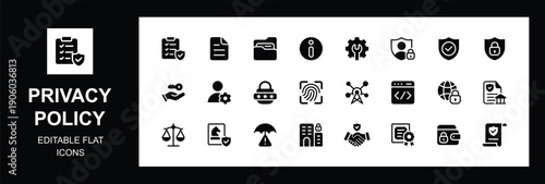 Privacy policy flat icon set. featuring data protection, security, compliance, user rights, GDPR, cyber law, confidentiality, encryption, and secure authentication, Vector illustration	