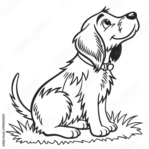 Cute puppy sitting on grass looking up, black and white line art for coloring book page or simple design element.
