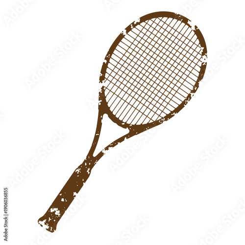 Tennis racket with worn and distressed texture for sports and recreation activities  isolated on white Grunge Vintage Style