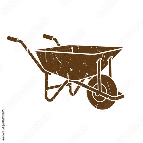 Vintage Grunge A brown wheelbarrow with a distressed texture on a white background for gardening or construction purposes