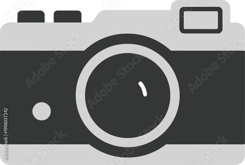 Vintage-style film camera with prominent lens, shutter button, and viewfinder, rendered in clean grayscale flat design vector illustration
