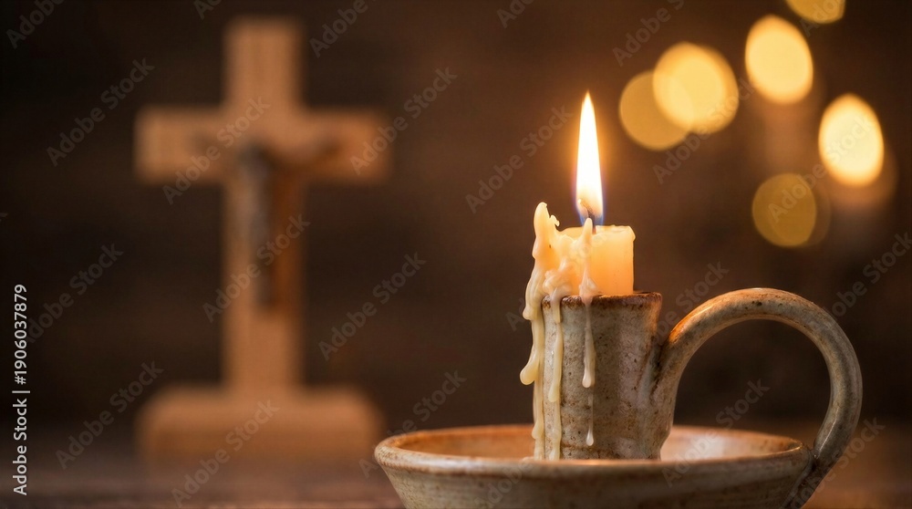 Naklejka premium Burning candle in a rustic holder with a blurred cross in the background. Concept of Christian faith, remembrance, and Easter