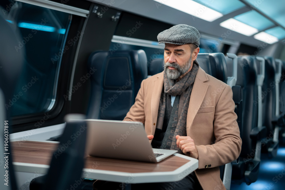 Fototapeta premium Digital nomad working on laptop during train journey